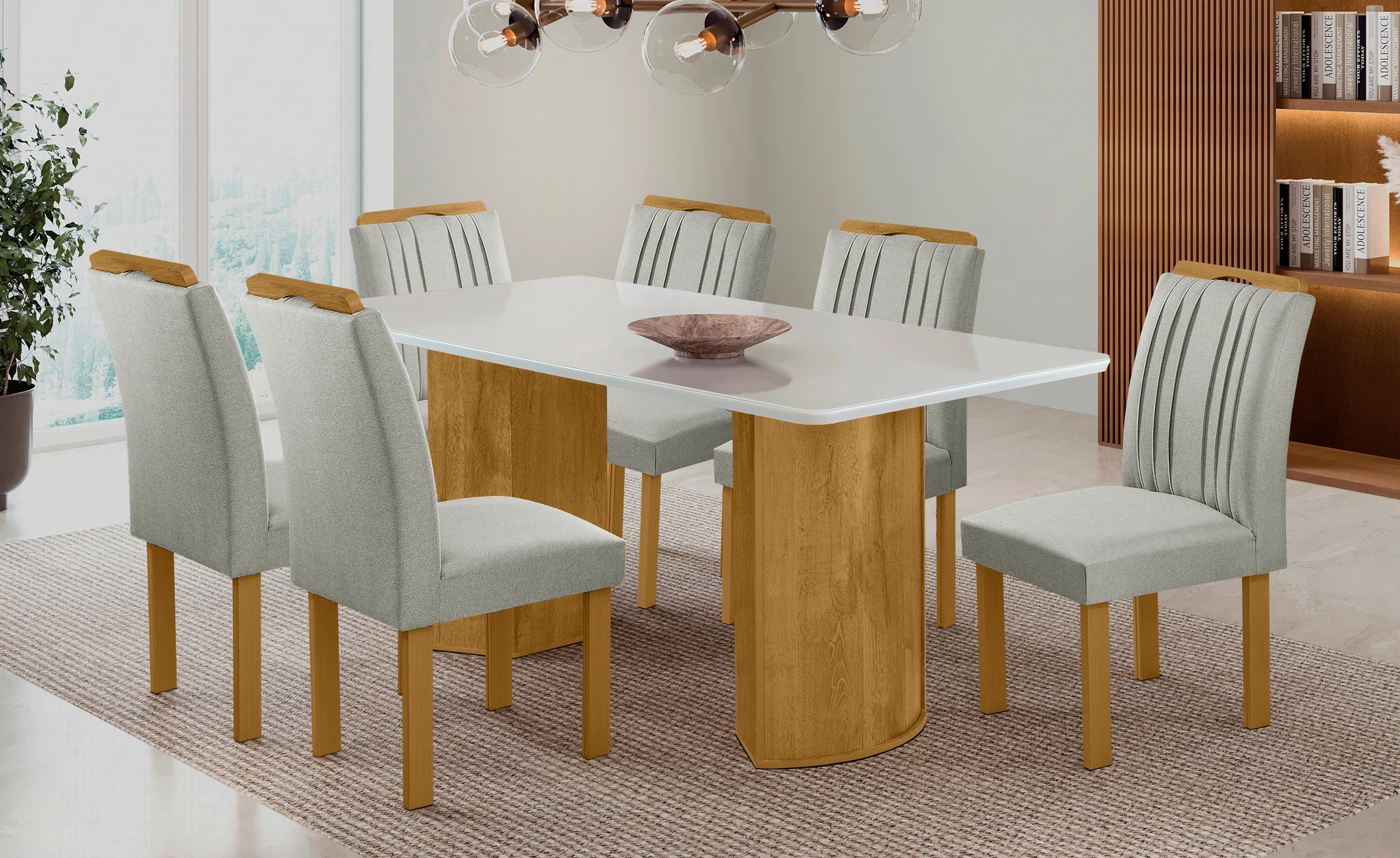 Mesa Pérola 1,70 × 0,90 m · Cadeira Pérola · Tampo Smart Plus · Tecido 194
